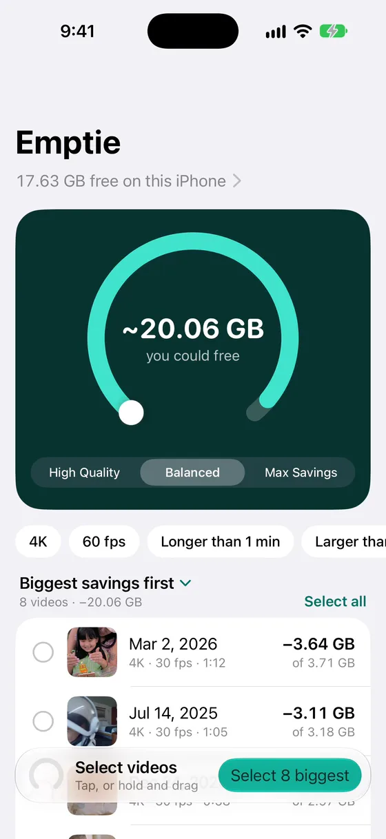 Emptie's Library, sorted by biggest savings first: a row for a 4K video of 1 minute 12 seconds shows about 3.64 GB saved from 3.71 GB.