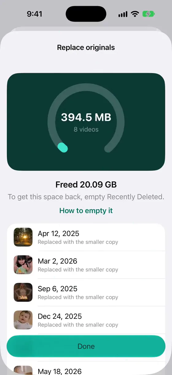 Emptie's done screen, showing the space freed by a Batch and how to empty Recently Deleted to get it back.