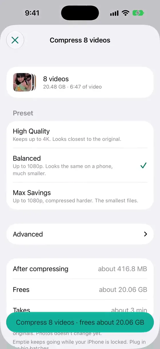 Emptie's compress sheet with the presets High Quality, Balanced and Max Savings, and Balanced ticked.
