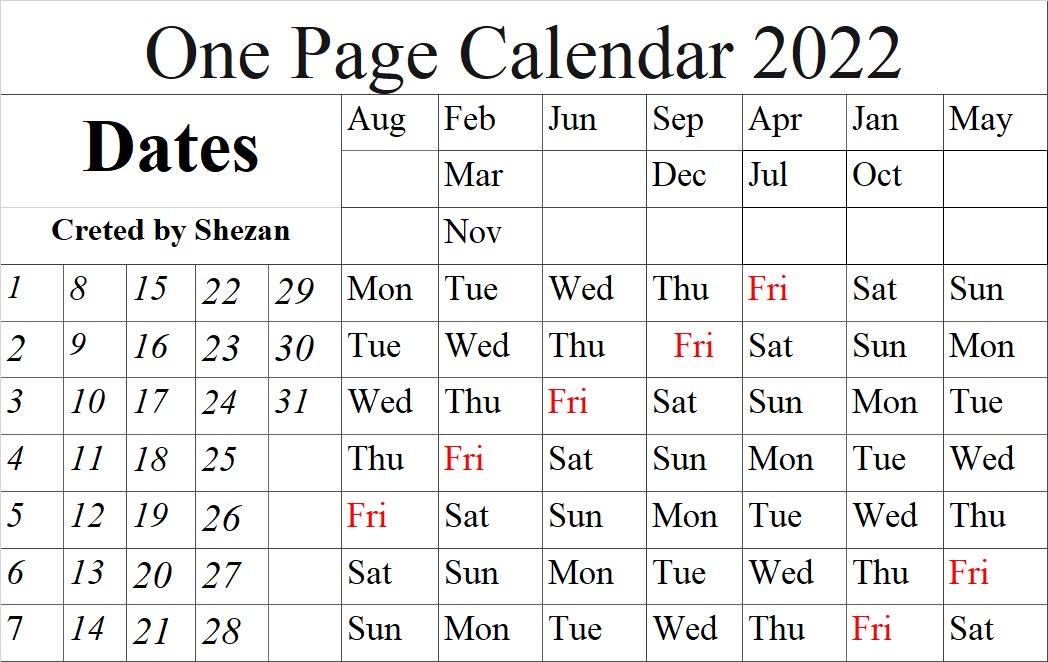 A one-page calendar for 2022, with the days of each month laid out in a grid.