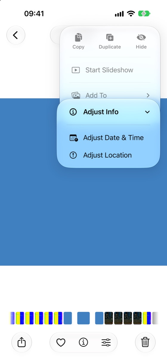 A video open in the Photos app with the More menu showing Adjust Info, which opens Adjust Date & Time and Adjust Location.