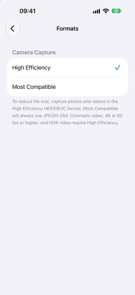 The Settings Formats screen with High Efficiency ticked, and a note that 4K at 60 fps and HDR video require High Efficiency.