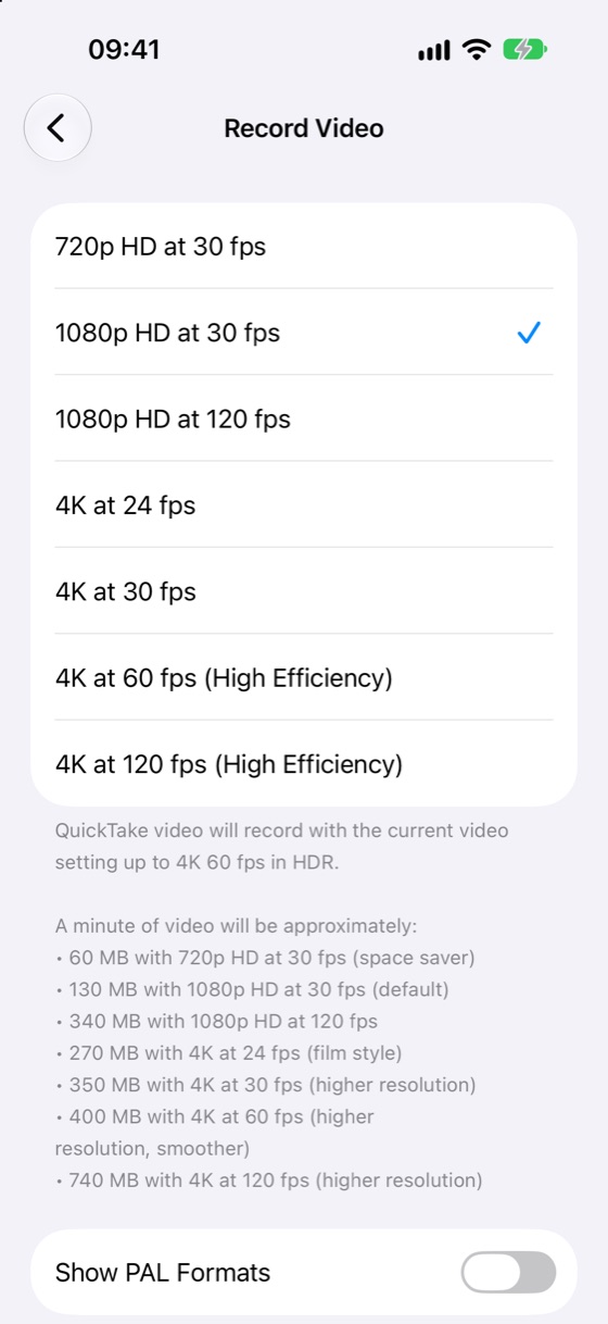 The Record Video list with Most Compatible, showing the approximate size of a minute at each setting, and 4K at 60 fps labelled High Efficiency.