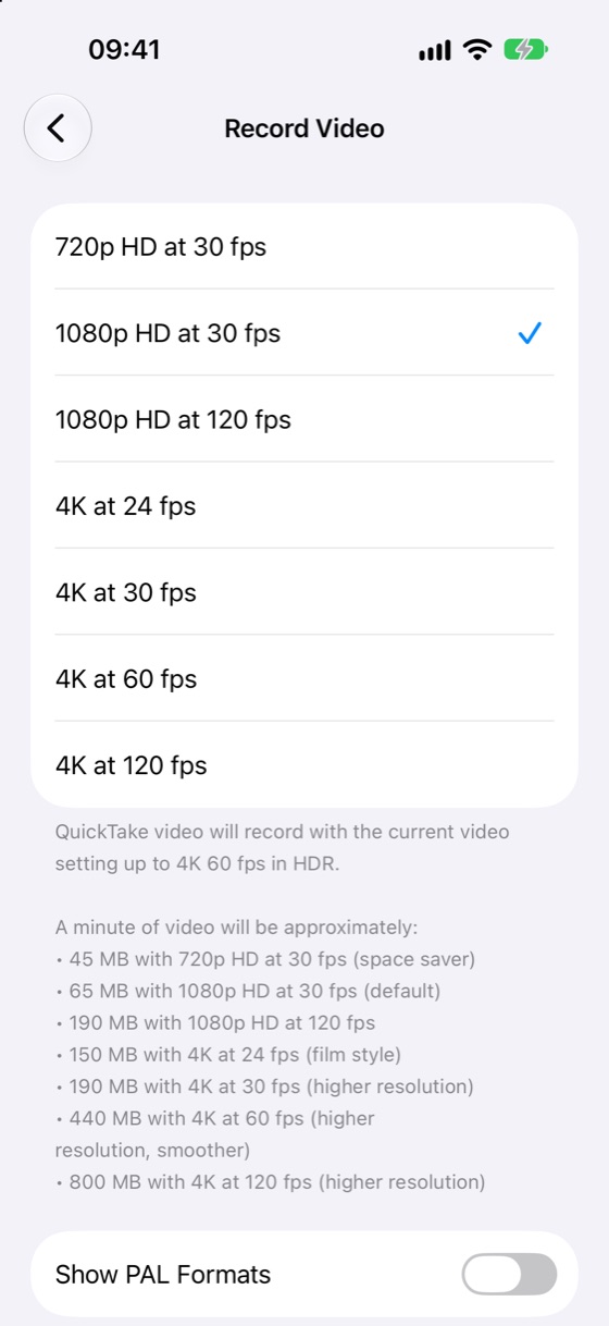 The iPhone Record Video screen, listing 720p at 30 fps as 45 MB a minute, 1080p at 30 fps as 65 MB, and 4K at 60 fps as 440 MB, up to 4K at 120 fps as 800 MB.